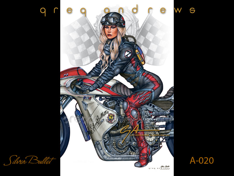 fantasy harley davidson racing motorcycle pinp art by artist greg andrews titled silver bullet