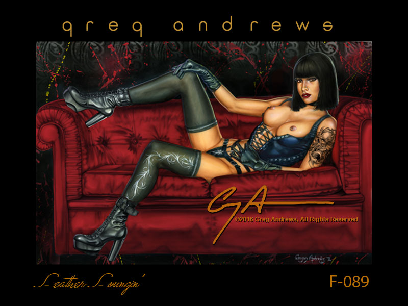 fantasy nude pinup art by artist greg andrews leather loungin