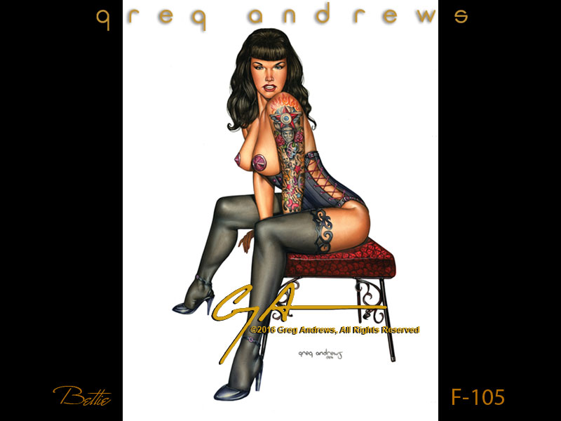 Fantasy tattoo pinup of Bettie Page by artist Greg Andrews Art